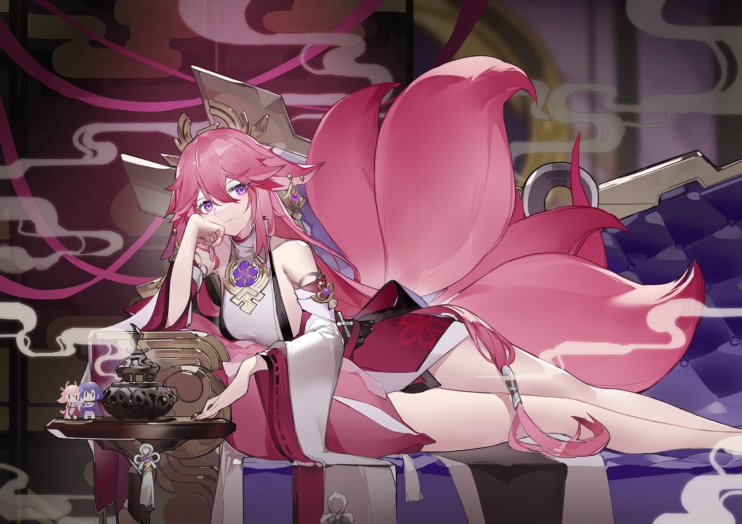 animal_ears, couch, doll, foxgirl, genshin_impact, japanese_clothes, long_hair, multiple_tails