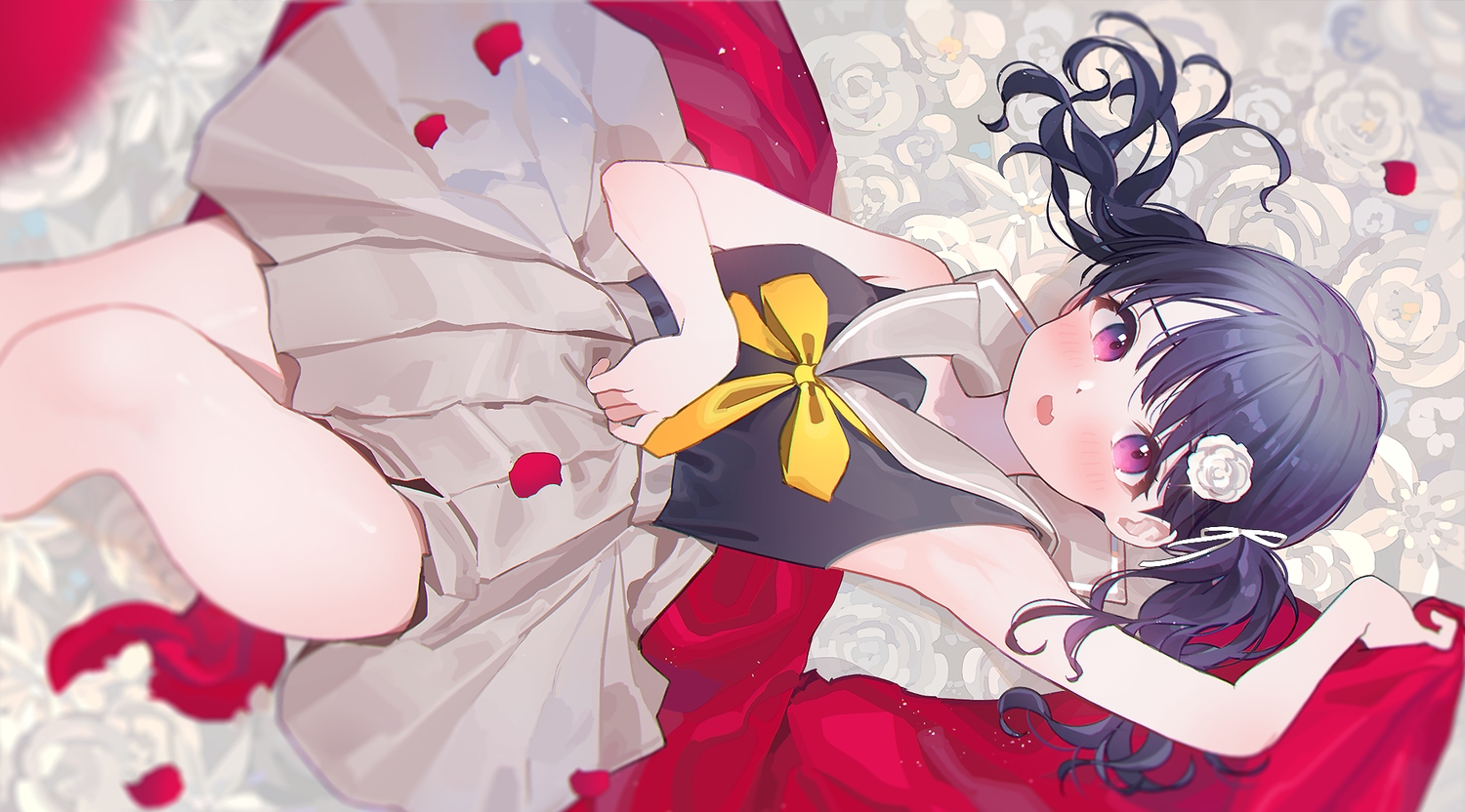 bed, blush, fang, flowers, fukumaru_koito, idolmaster, idolmaster_shiny_colors, kuri_choko, long_hair, petals, purple_eyes, purple_hair, rose, school_uniform, skirt, twintails