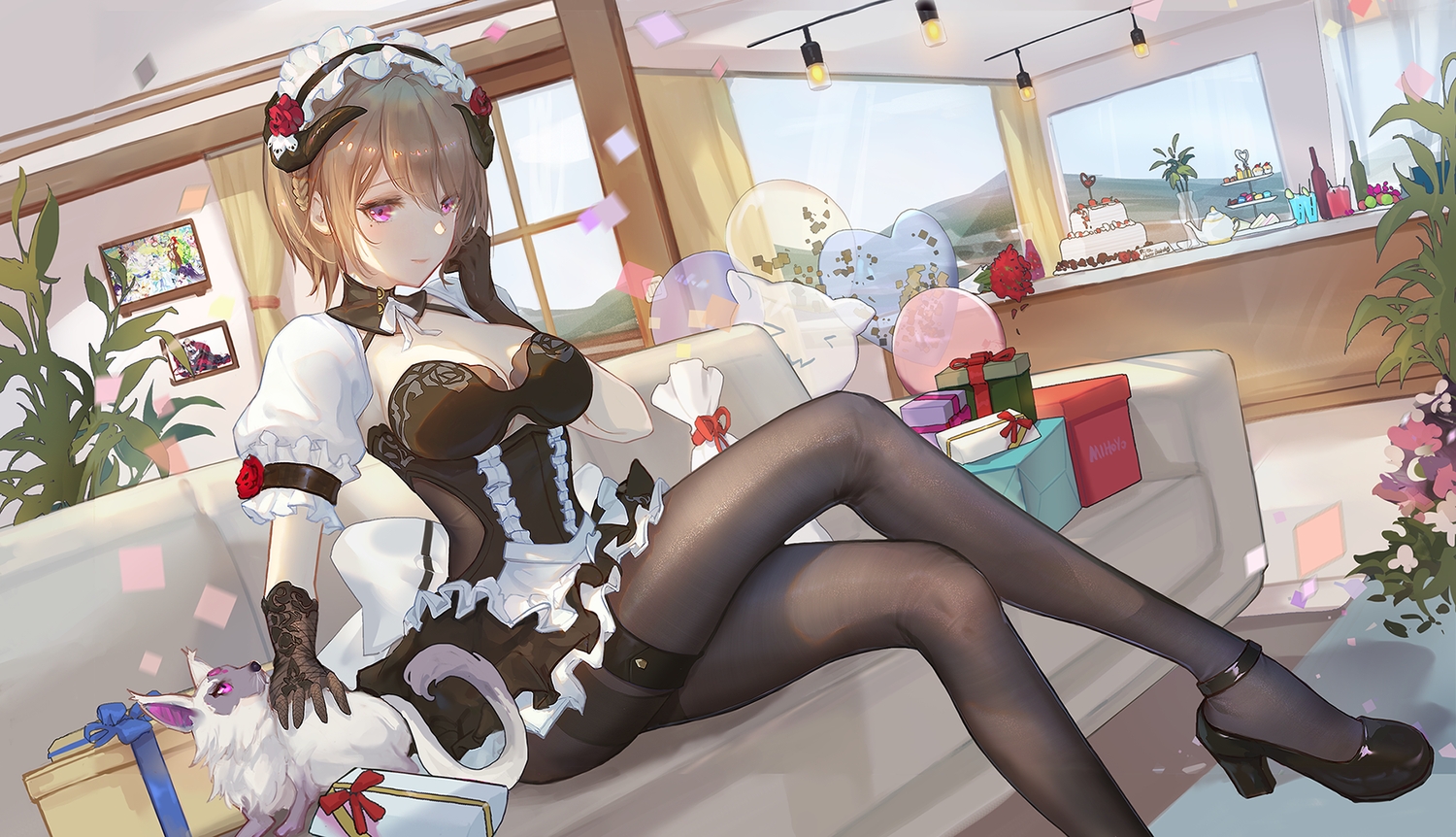 animal, breasts, brown_hair, cake, cleavage, couch, flowers, food, gloves, headband, honkai_impact, honkai_(series), horns, maid, pantyhose, purple_eyes, rita_rossweisse, short_hair, taichi_(yirkorn)