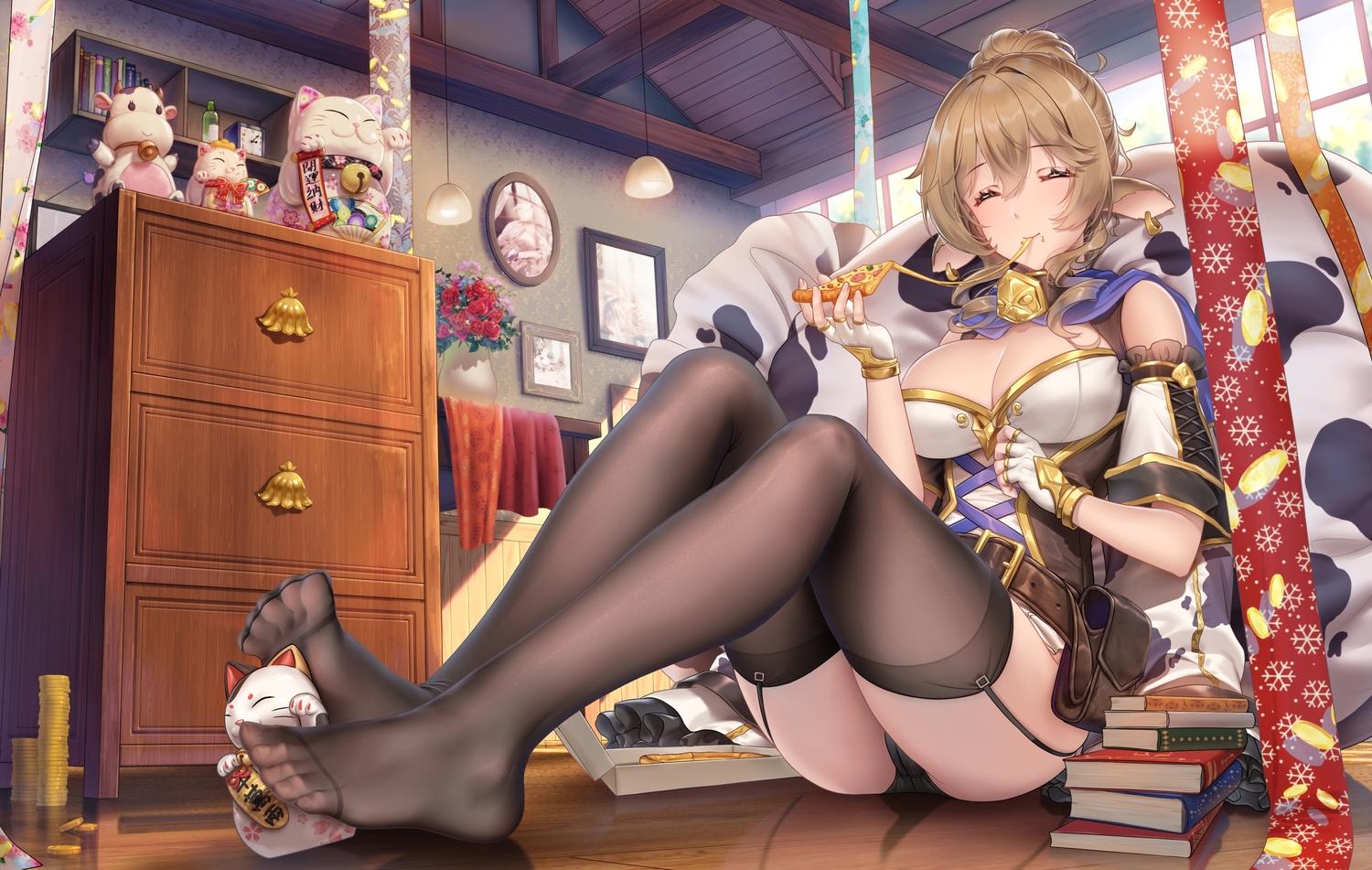 animal_ears, blush, brown_hair, cameltoe, elbow_gloves, food, garter_belt, gloves, haneru, pizza, red:_pride_of_eden, shannon_(red:_pride_of_eden), stockings