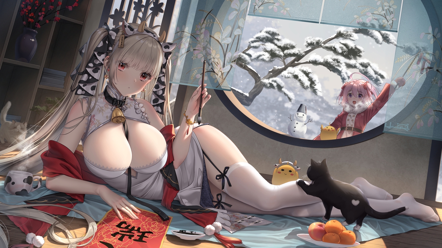 2girls, animal, animal_ears, anthropomorphism, apple, azur_lane, breasts, cat, chinese_clothes, chinese_dress, cleavage, cowgirl, dress, drink, food, formidable_(azur_lane), fruit, garter_belt, haneru, headband, horns, loli, long_hair, orange_(fruit), saratoga_(azur_lane), snow, snowman, stockings
