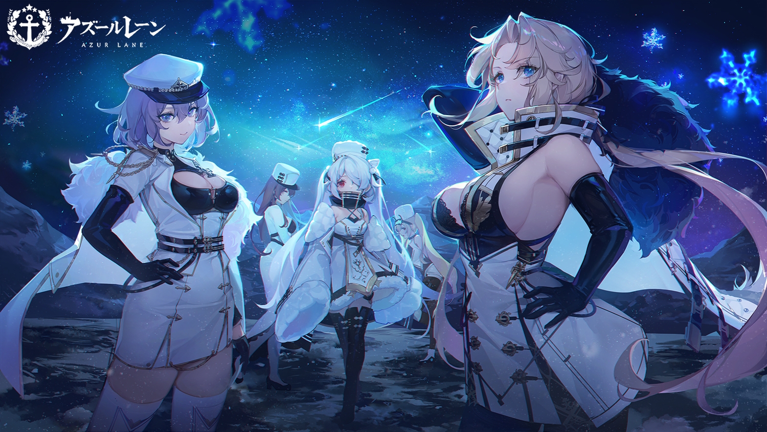 anthropomorphism, arkhangelsk_(azur_lane), azur_lane, elbow_gloves, gloves, group, hat, kiev_(azur_lane), kronstadt_(azur_lane), logo, long_hair, military, short_hair, sky, soobrazitelny_(azur_lane), stars, ttosom, uniform, volga_(azur_lane), zettai_ryouiki