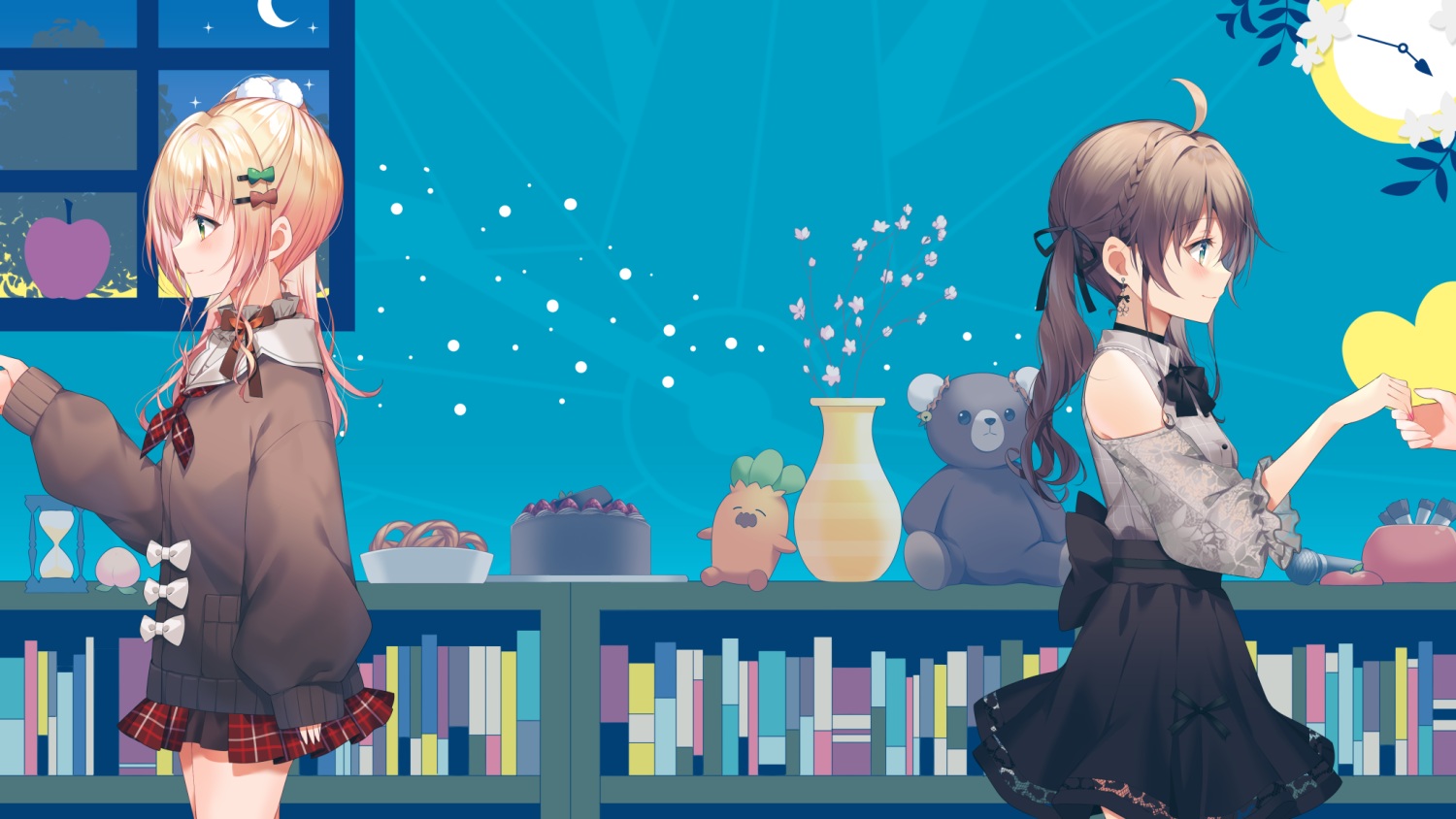 2girls, blonde_hair, blush, book, bow, braids, brown_hair, dress