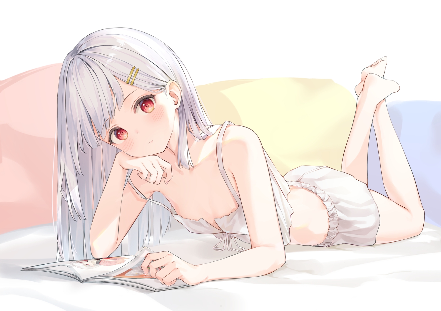 barefoot, blush, book, flat_chest, gray_hair, long_hair, no_bra, pajamas, red_eyes, shorts, yuu_maraa