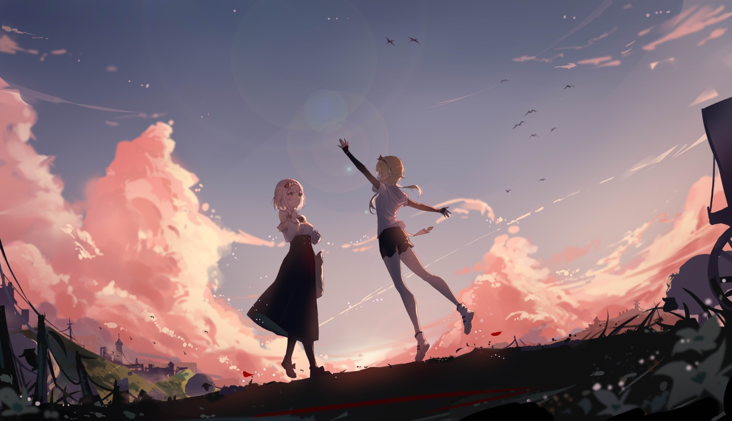 2girls, clouds, genshin_impact, landscape, lumine_(genshin_impact), noelle_(genshin_impact), scenic, skirt_lift