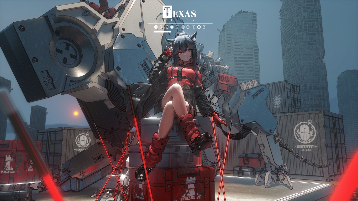 animal_ears, arknights, black_hair, boots, building, caaaaarrot, cigarette, city, garter, gloves, mechagirl, red_eyes, ruins, shirt, shorts, texas_(arknights), tie, watermark, wolfgirl