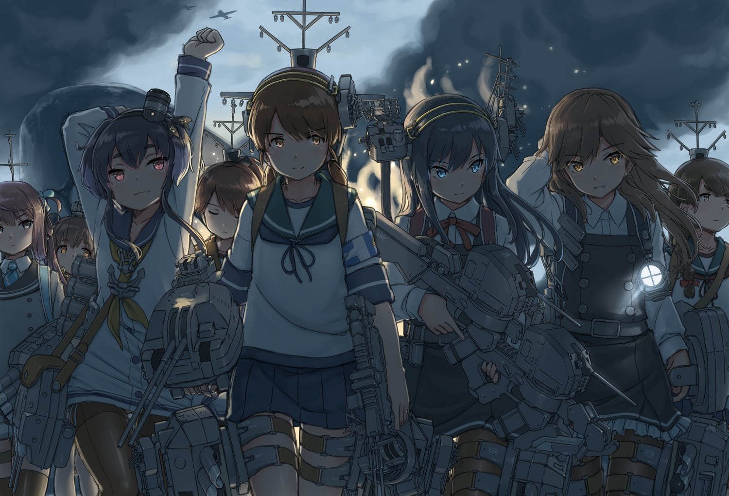 anthropomorphism, aqua_eyes, arashio_(kancolle), asagumo_(kancolle), asashio_(kancolle), black_hair, brown_eyes, brown_hair