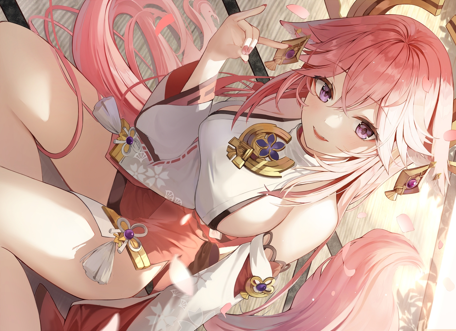 animal_ears, animal_ears_(artist), breasts, foxgirl, genshin_impact, japanese_clothes, long_hair, petals