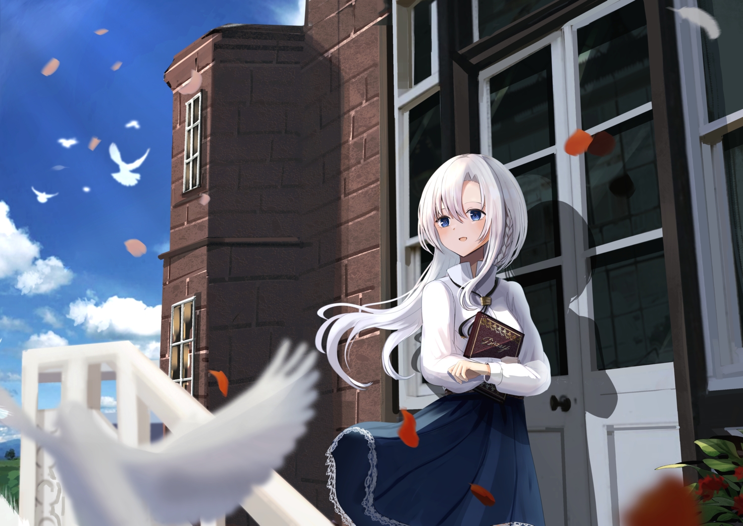 animal, bird, blue_eyes, book, braids, building, clouds, dress, feathers, flowers, long_hair, necklace, original, petals, reflection, shirt, skirt, sky, tokiwa_sylbe, tree, white_hair