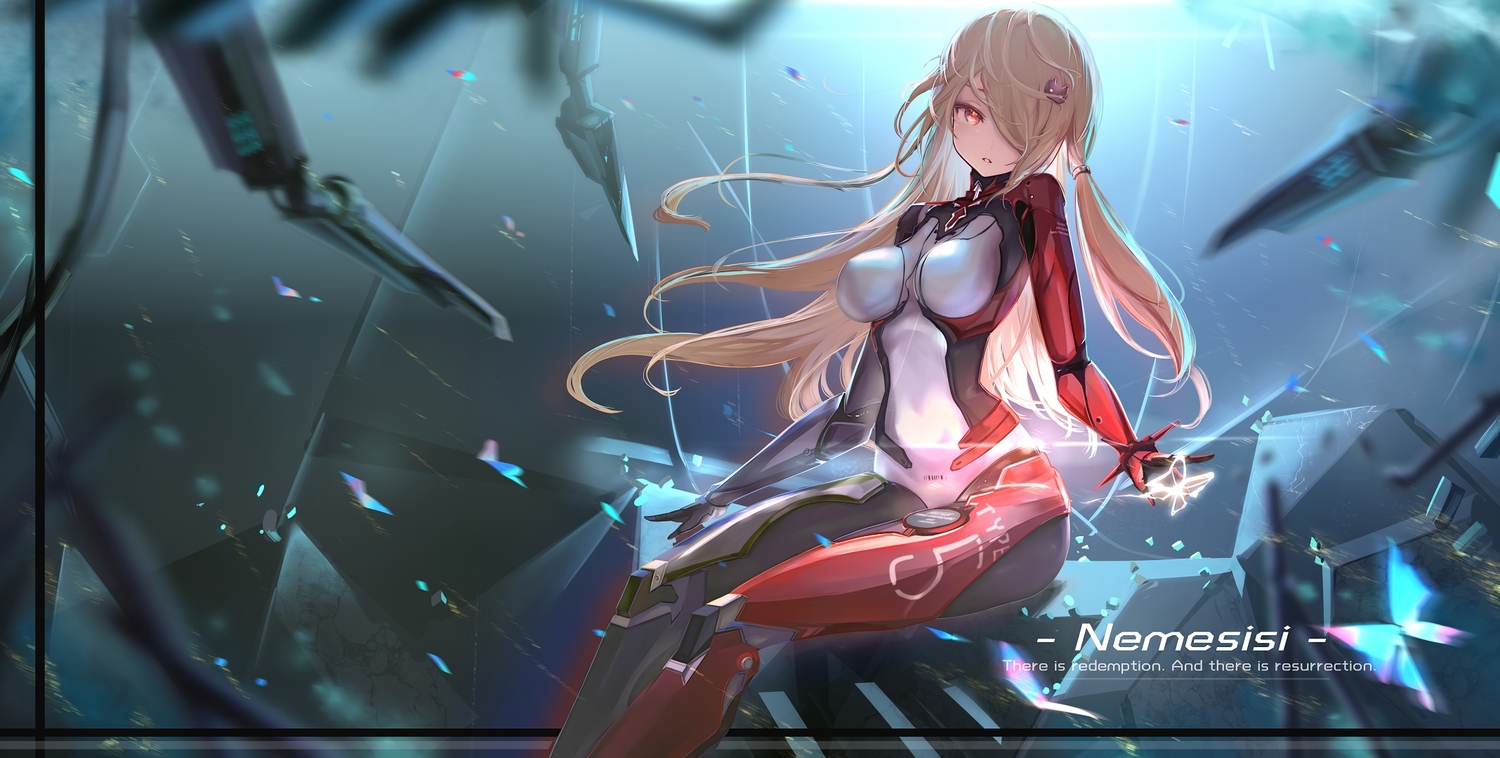 bodysuit, brown_hair, long_hair, nemesis_(tower_of_fantasy), red_eyes, techgirl, tower_of_fantasy, wangchuan_de_quanyan