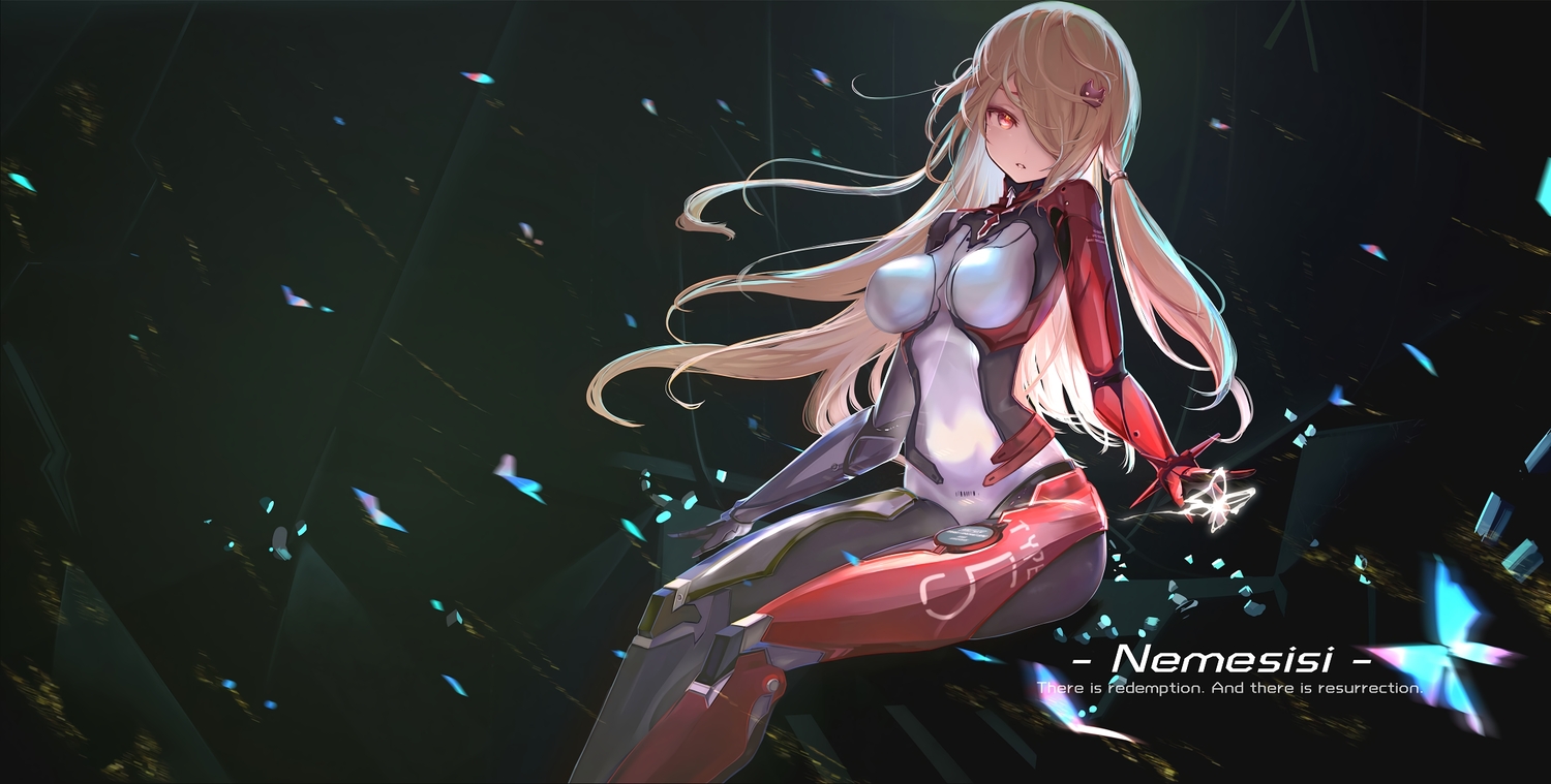 bodysuit, brown_hair, butterfly, long_hair, nemesis_(tower_of_fantasy), red_eyes, techgirl, tower_of_fantasy