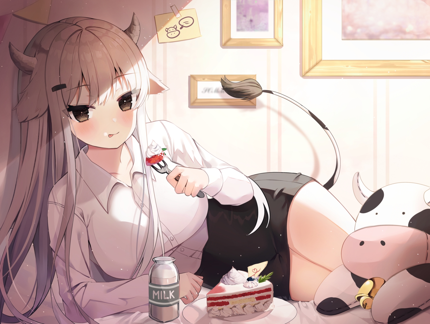 animal_ears, cake, cowgirl, drink, food, horns, long_hair, nannung, original, shirt, skirt, tail, white_hair