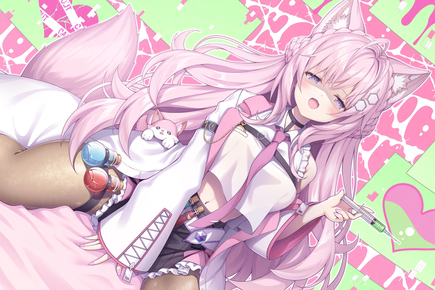 animal, animal_ears, braids, cat_smile, choker, fang, hakui_koyori, hololive, long_hair, navel, pantyhose, pink_hair, purple_eyes, sasakura_momizi, skirt, tail, tie