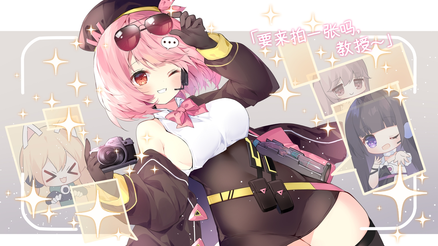 blush, bow, breasts, camera, cat_smile, chibi, dress, gloves