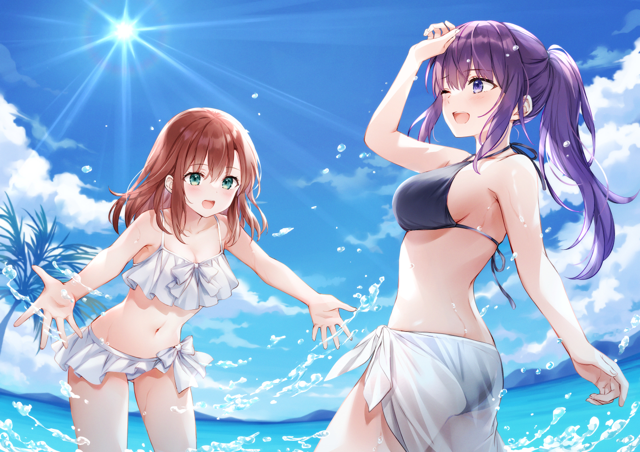 2girls, aliasing, bikini, blush, brown_hair, clouds, green_eyes, higeneko