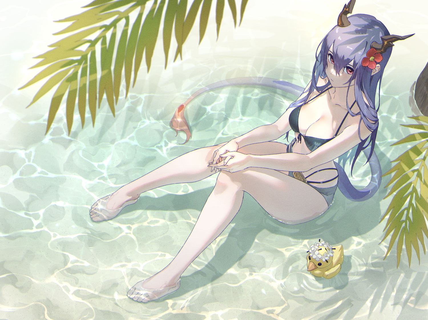 arknights, barefoot, bikini, ch'en_(arknights), horns, long_hair, purple_hair, red_eyes