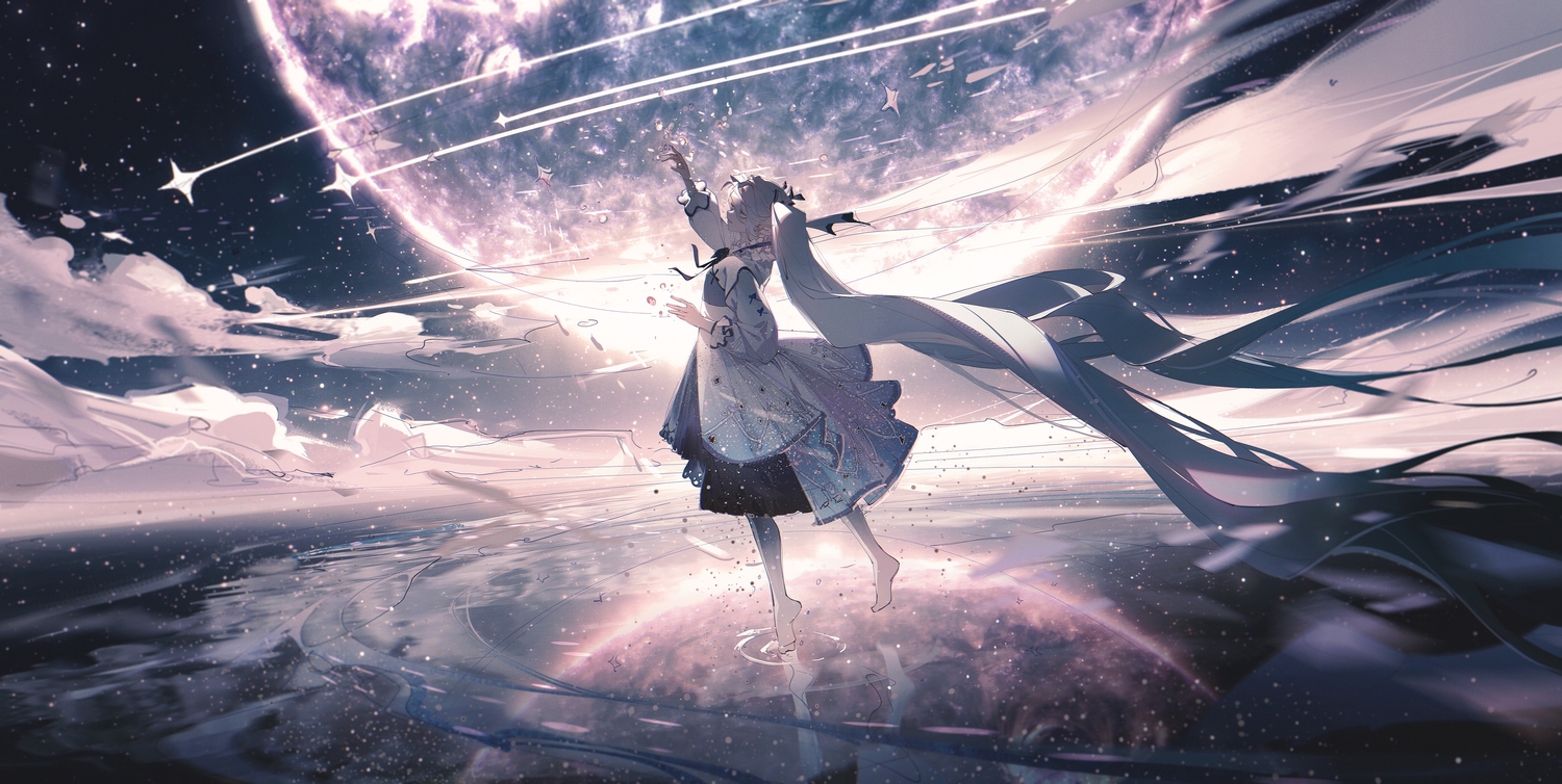 dress, hatsune_miku, kvpk5428, long_hair, reflection, sky, stars, twintails