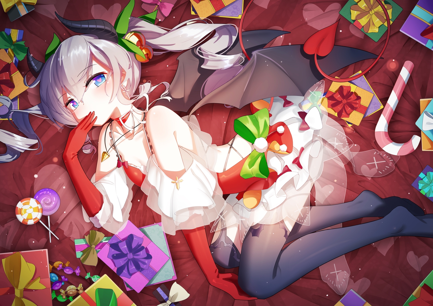 aqua_eyes, bell, blush, bow, candy, christmas, demon, dress, elbow_gloves, gloves, gray_hair, horns, lollipop, long_hair, niliu_chahui, original, qys3, succubus, tail, tengen_toppa_gurren_lagann, twintails, wings
