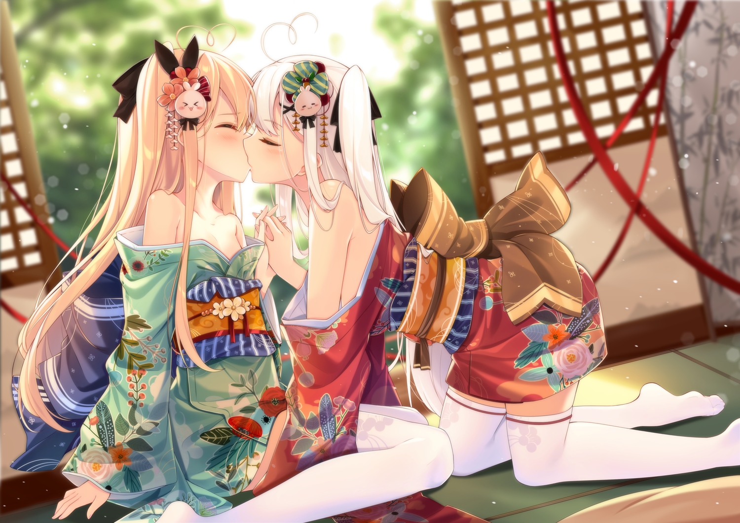 2girls, japanese_clothes, niliu_chahui, original, shoujo_ai, tagme_(artist), thighhighs, tokisaki_asaba, tokisaki_mio, yukata