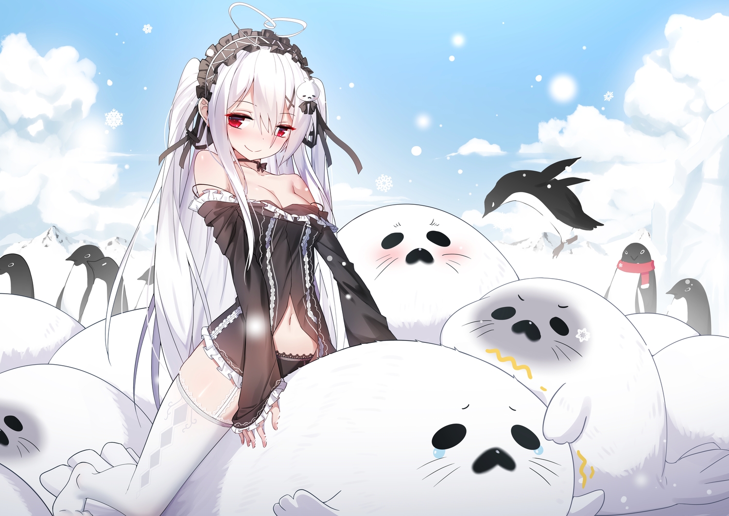 animal, bird, blush, breasts, cleavage, clouds, garter_belt, goth-loli