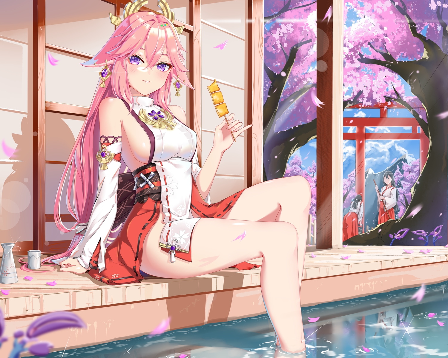 animal_ears, blush, breasts, drink, flowers, food, foxgirl, genshin_impact, headdress, japanese_clothes, katsuboys, long_hair, miko, petals, pink_hair, purple_eyes, reflection, sake, sideboob, torii, tree, water, yae_miko