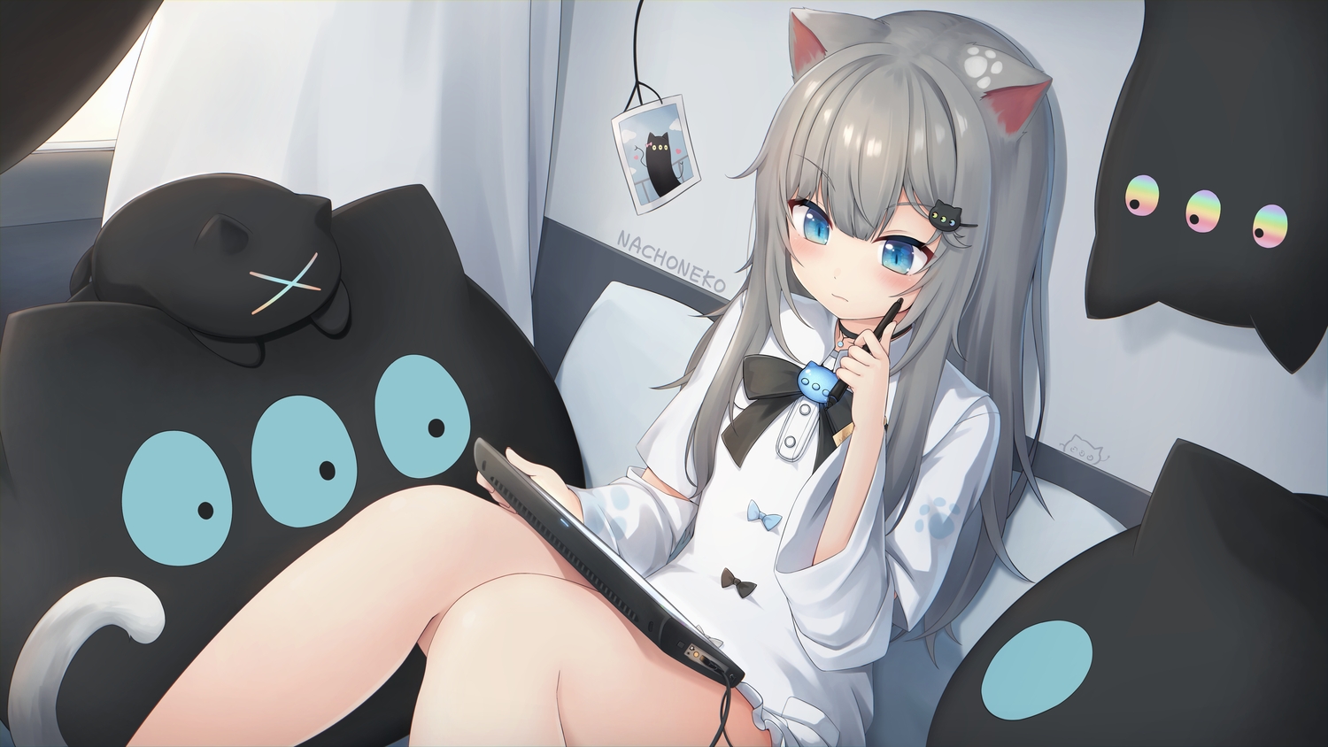 animal_ears, aqua_eyes, bed, bow, catgirl, computer, gray_hair, long_hair