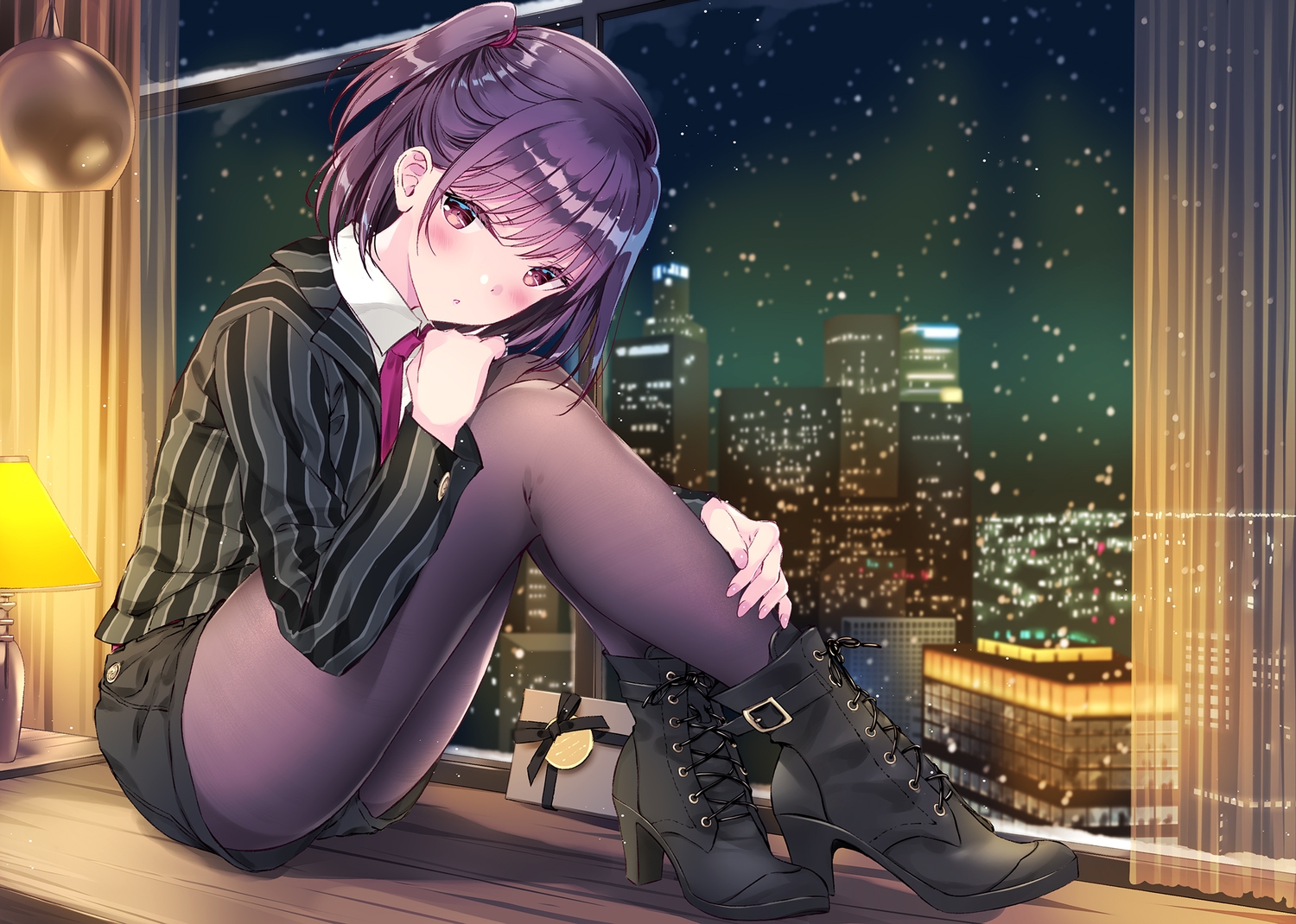 blush, boots, brown_eyes, building, city, kobayashi_chisato, night, original