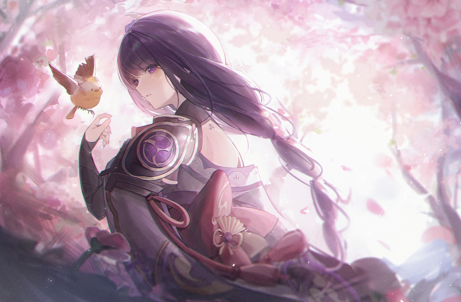 animal, armor, bird, braids, flowers, forest, genshin_impact, japanese_clothes, kimono, long_hair, lunia, petals, ponytail, purple_eyes, purple_hair, raiden_shogun, tattoo, tree