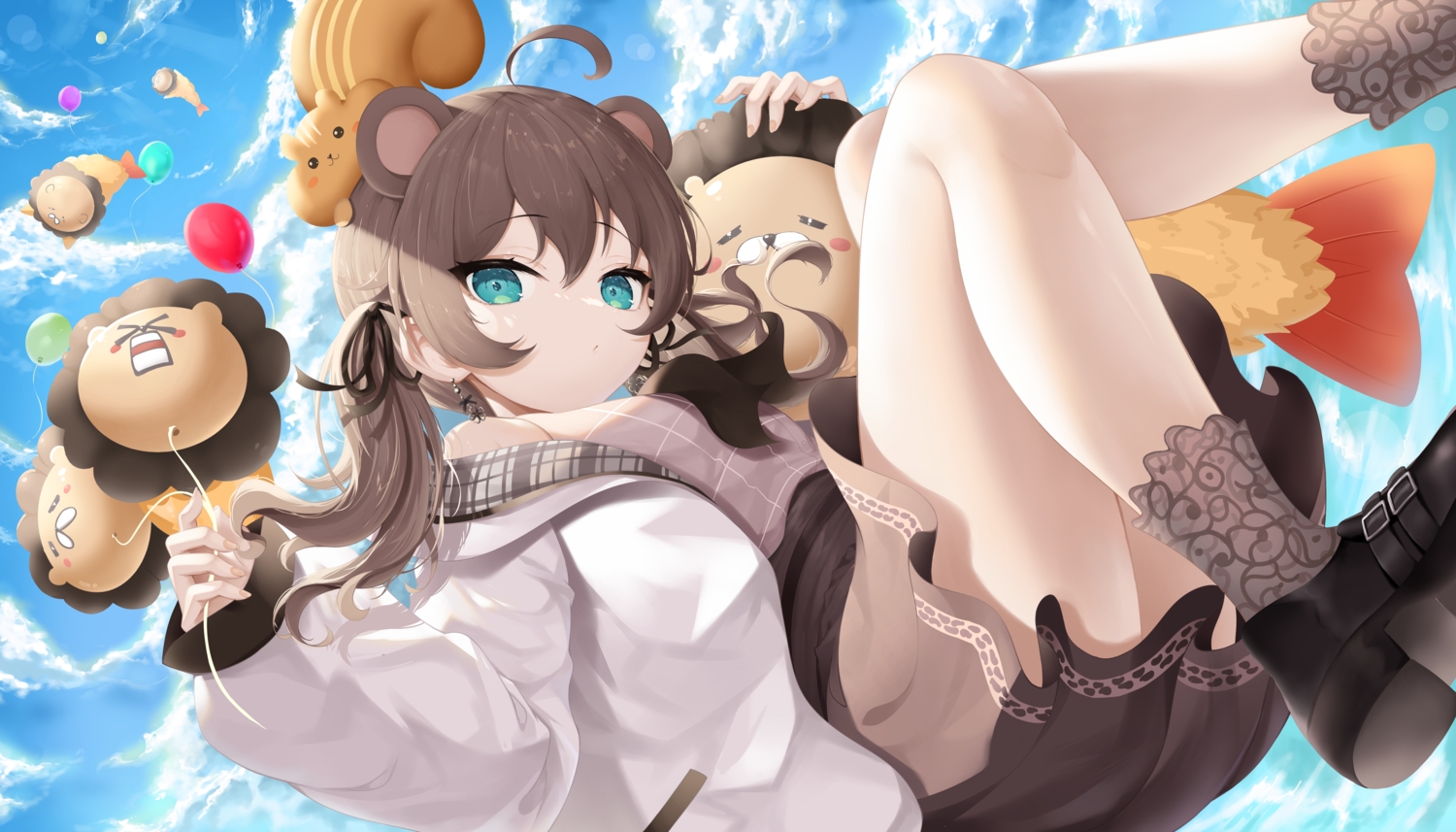 animal, animal_ears, aqua_eyes, brown_hair, clouds, hololive, hug, natsuiro_matsuri, roina, skirt, sky, socks, twintails