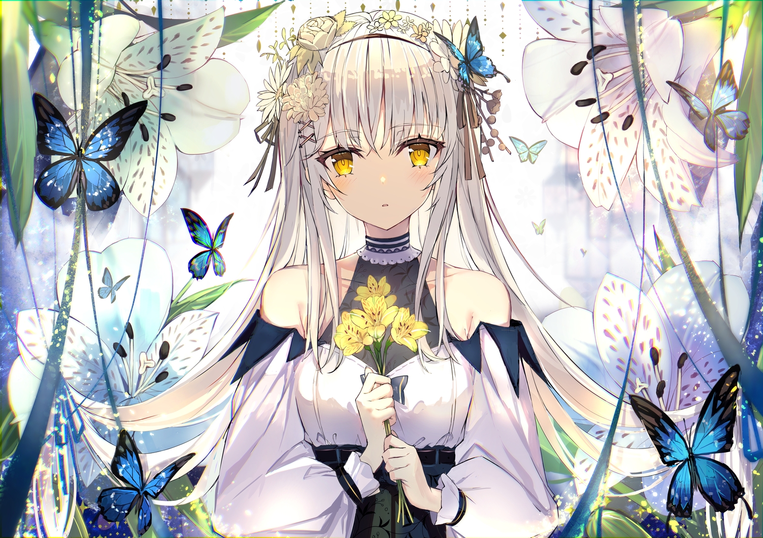 butterfly, close, flowers, headband, long_hair, original, tatsukisan, white_hair