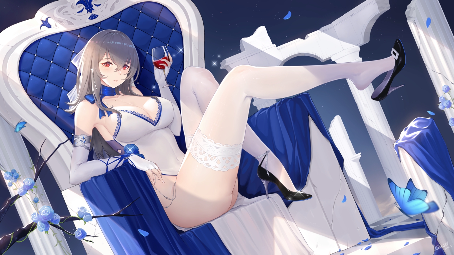 alexiel_(pixiv6211566), anthropomorphism, azur_lane, breasts, butterfly, choker, cleavage, dress, drink, elbow_gloves, erect_nipples, flowers, gloves, gray_hair, long_hair, red_eyes, ribbons, rose, saint-louis_(azur_lane), signed, thighhighs