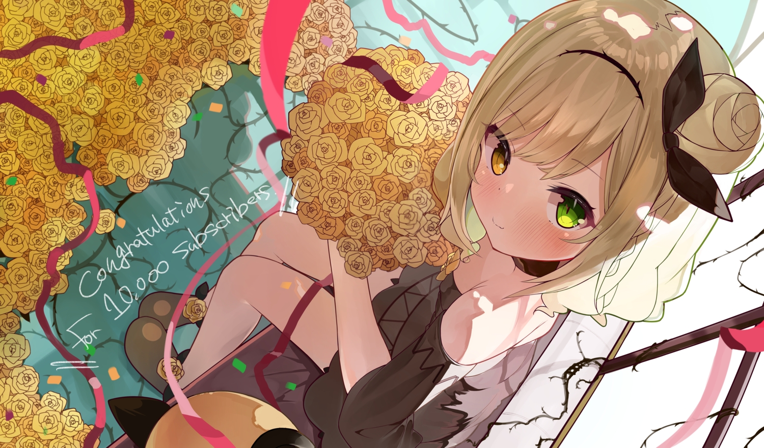 bicolored_eyes, brown_eyes, close, eureka_814, flowers, headband, ibara_muan, ribbons