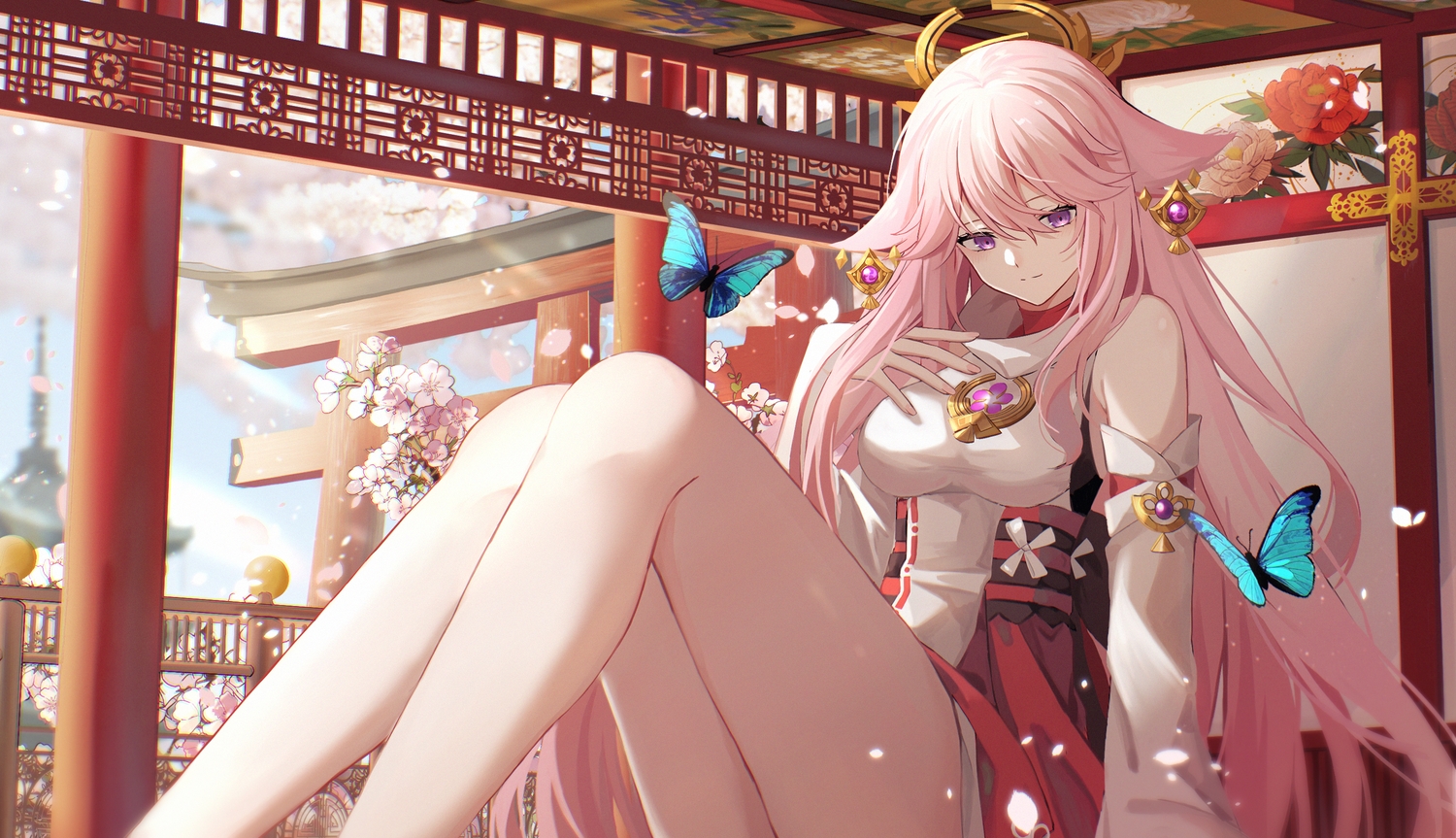 animal_ears, butterfly, cherry_blossoms, clouds, flowers, foxgirl, genshin_impact, hirakana, japanese_clothes, long_hair, pink_hair, purple_eyes, sky, torii, yae_miko