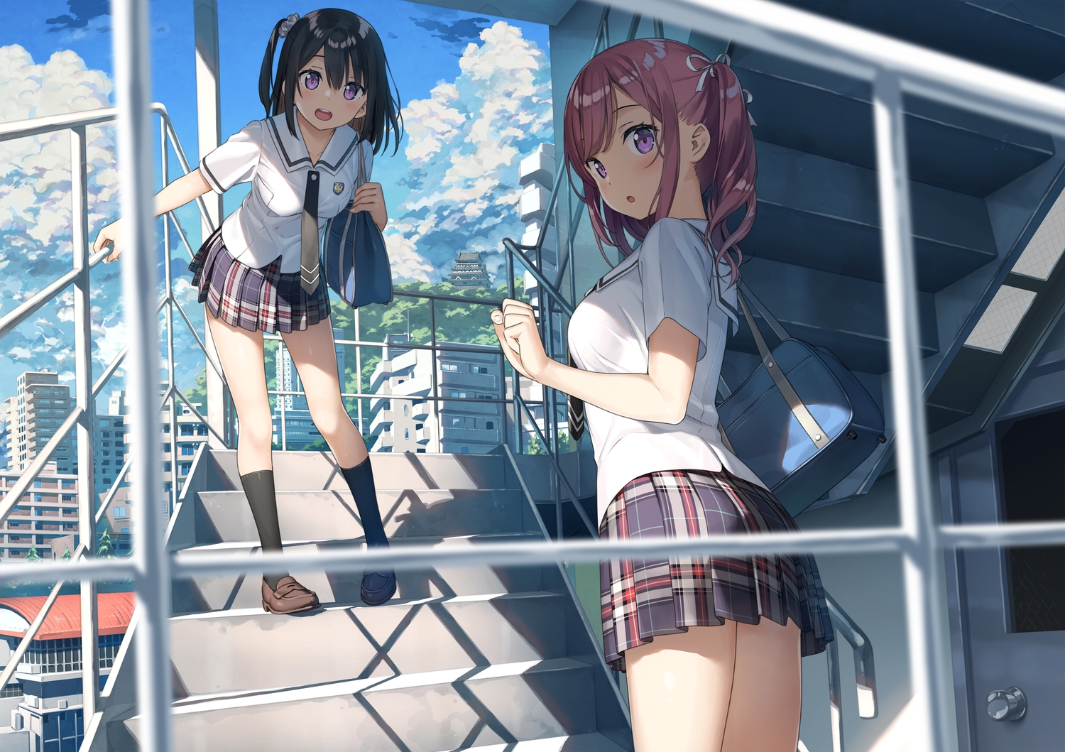 2girls, black_hair, blush, building, city, clouds, kantoku, kneehighs, kurumi_(kantoku), original, purple_eyes, purple_hair, school_uniform, shizuku_(kantoku), skirt, sky, stairs, twintails