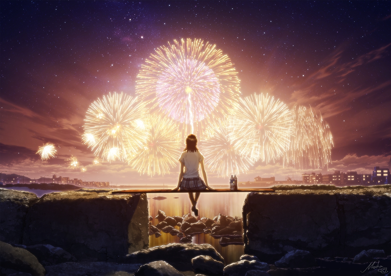 building, city, clouds, drink, fireworks, mocha_(cotton), night, original