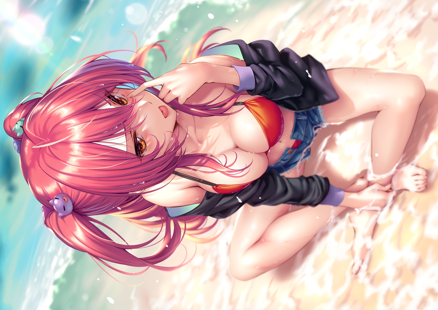 barefoot, beach, bikini, breasts, cleavage, hanikami_kanojo, hinoura_nanaka, long_hair, open_shirt, orange_eyes, piromizu, purple_hair, shorts, sky, swimsuit, twintails, water