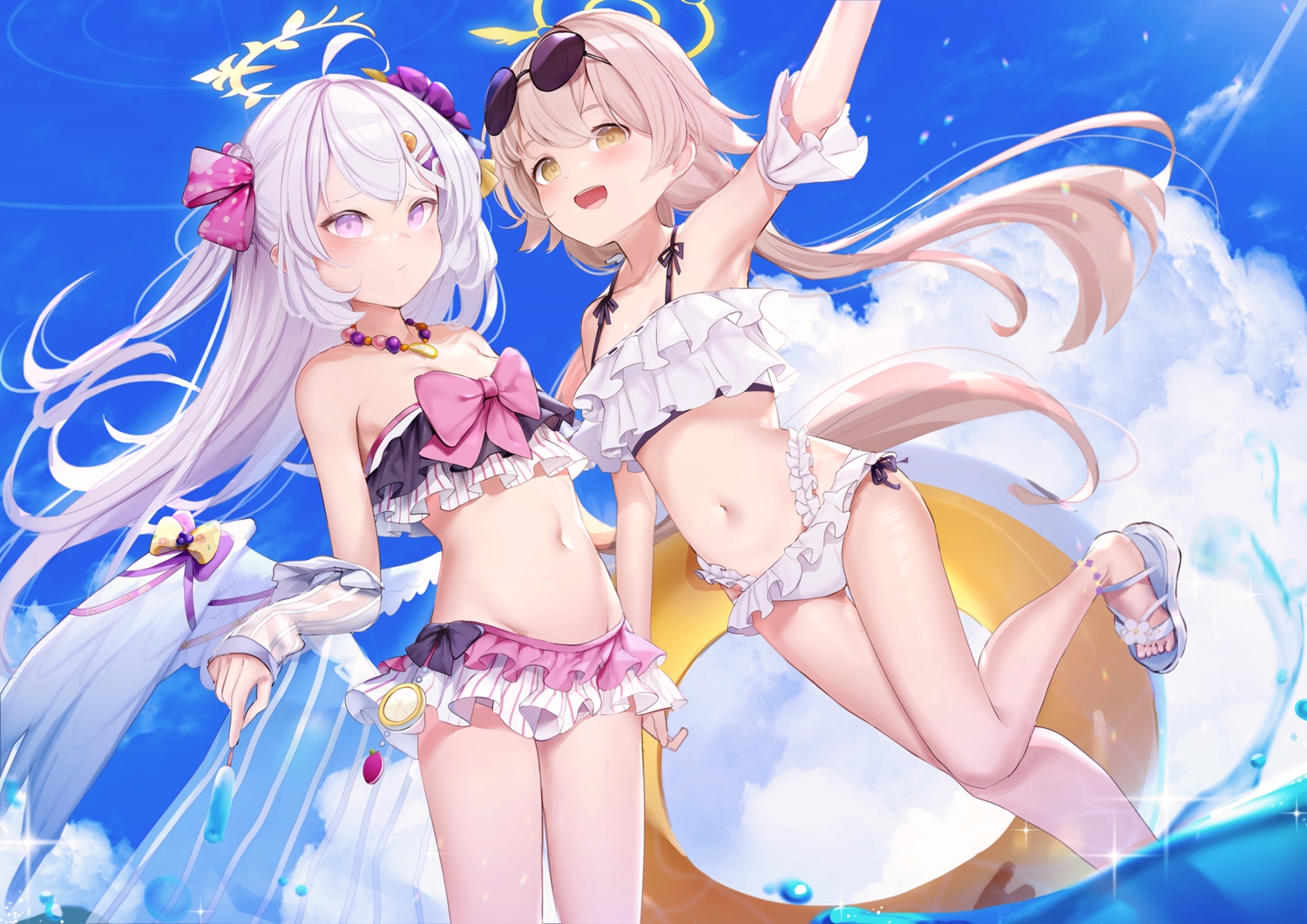2girls, ajitani_hifumi, blue_archive, food, long_hair, popsicle, shirasu_azusa, somray, swim_ring