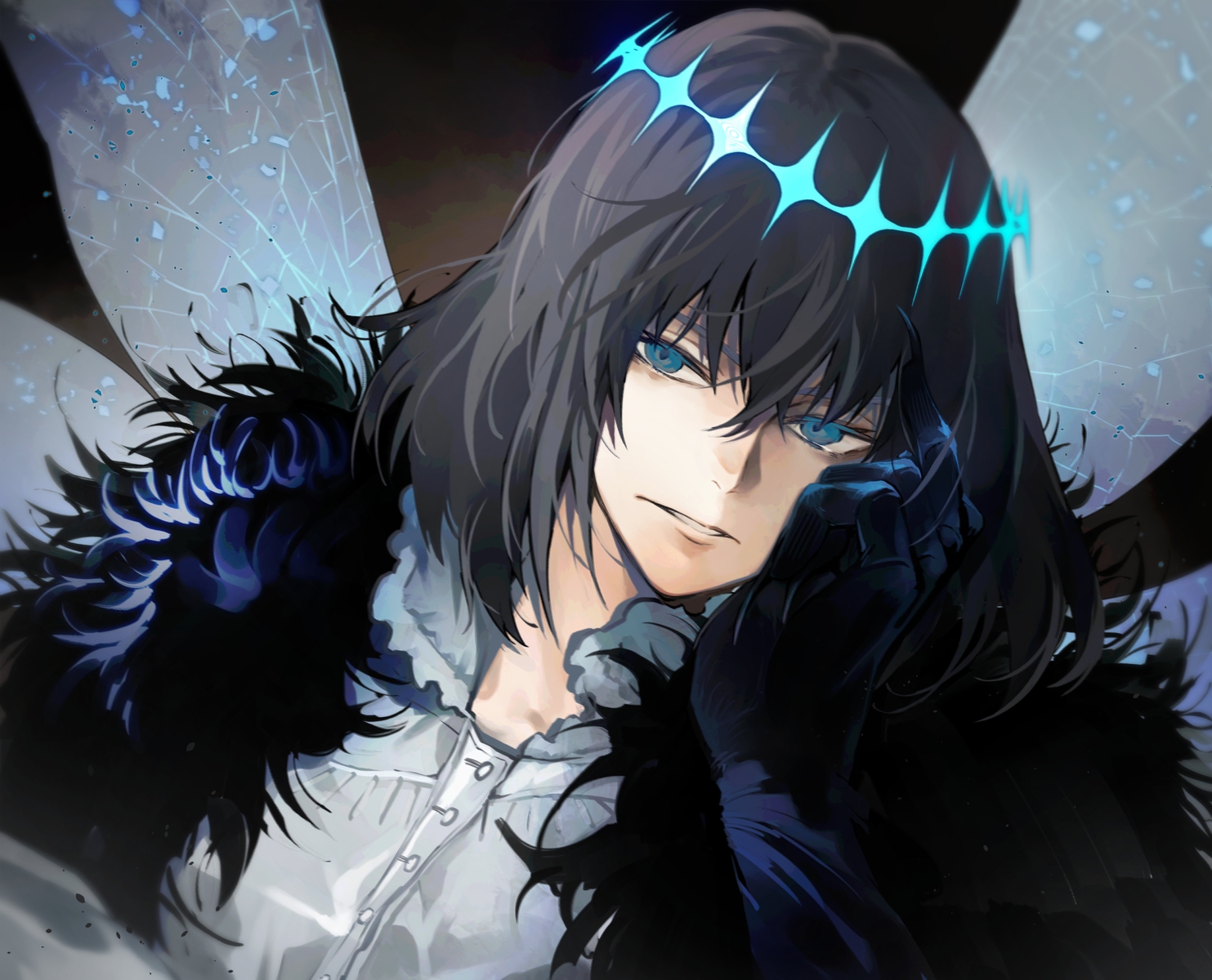 all_male, aqua_eyes, black_hair, close, crown, fate/grand_order, fate_(series), gloves