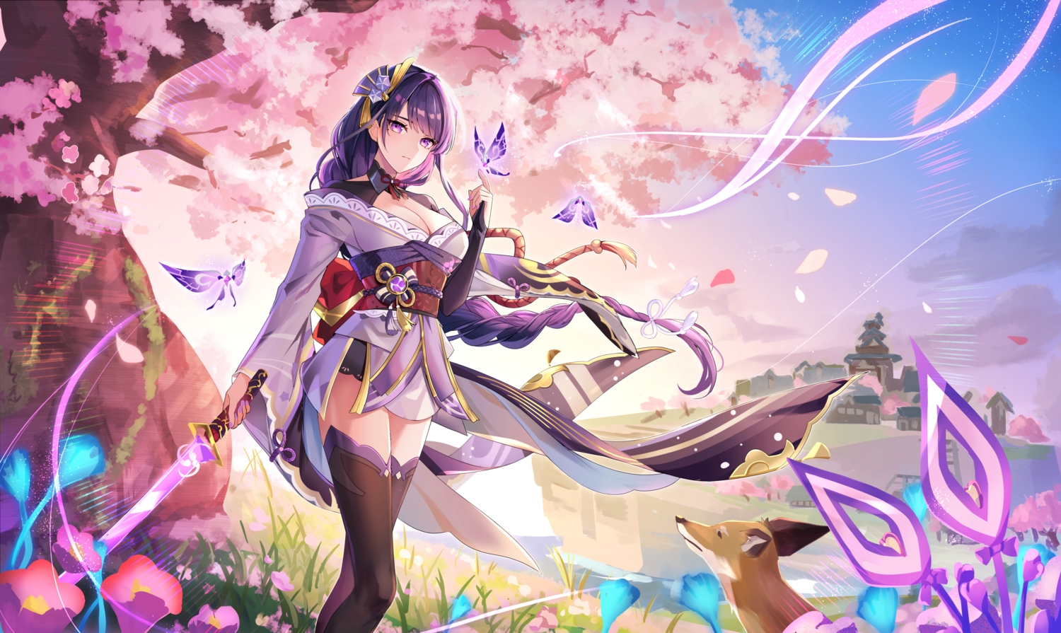 animal, braids, building, butterfly, clouds, flowers, fox, genshin_impact, goroo_(eneosu), grass, japanese_clothes, long_hair, ponytail, purple_eyes, purple_hair, raiden_shogun, sky, sword, thighhighs, tree, weapon, zettai_ryouiki