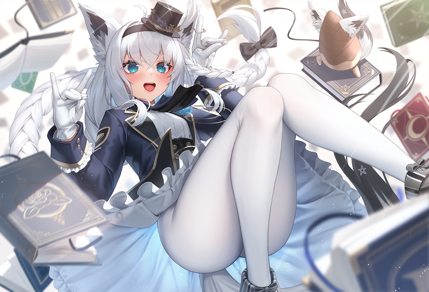 animal_ears, aqua_eyes, book, foxgirl, gloves, hat, headband, hololive, pantyhose, shirakami_fubuki, suraimu_(suraimuraimu), tail, white_hair