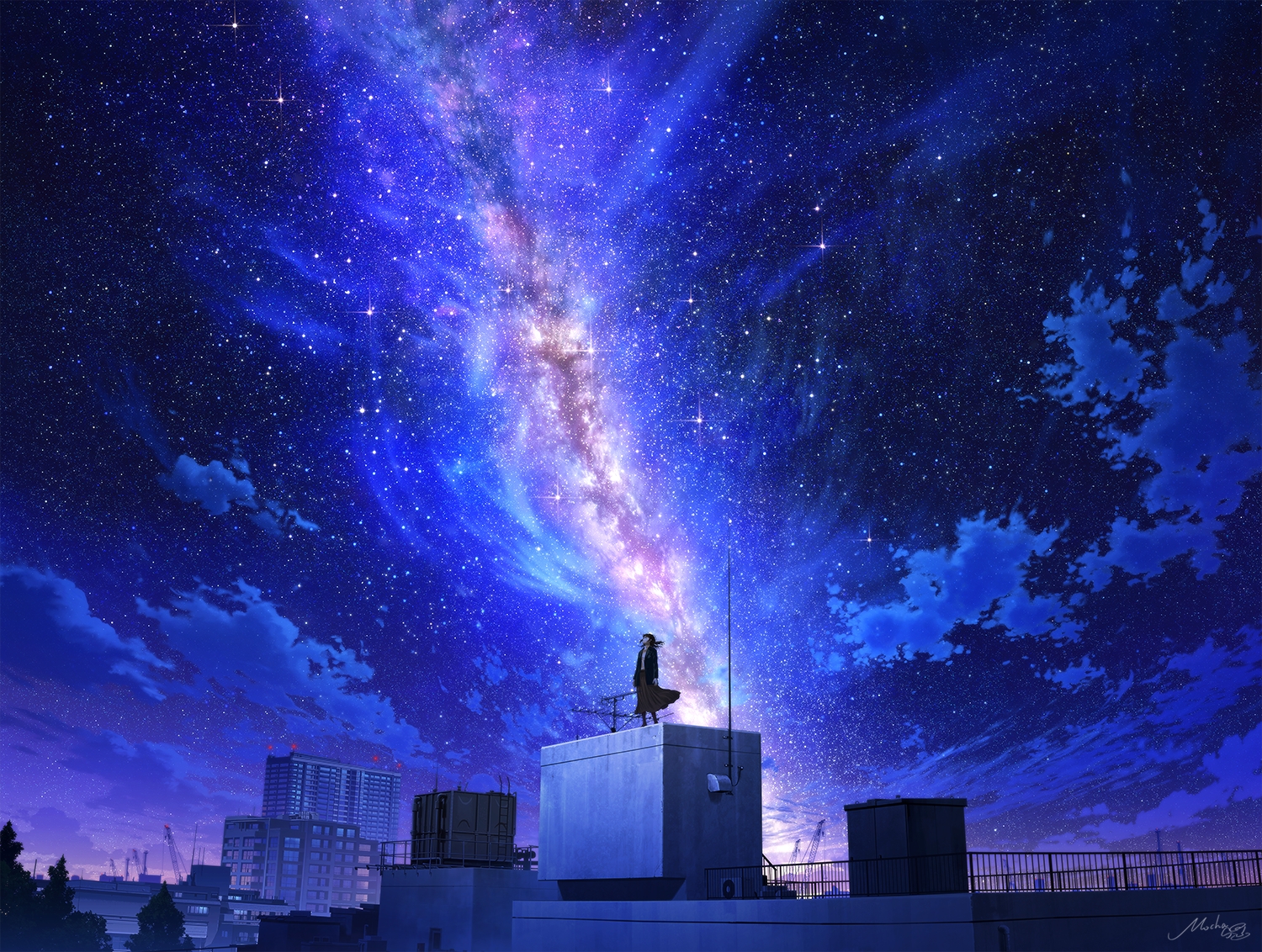 building, city, clouds, mocha_(cotton), night, original, rooftop, scenic, signed, skirt, sky, stars, tree