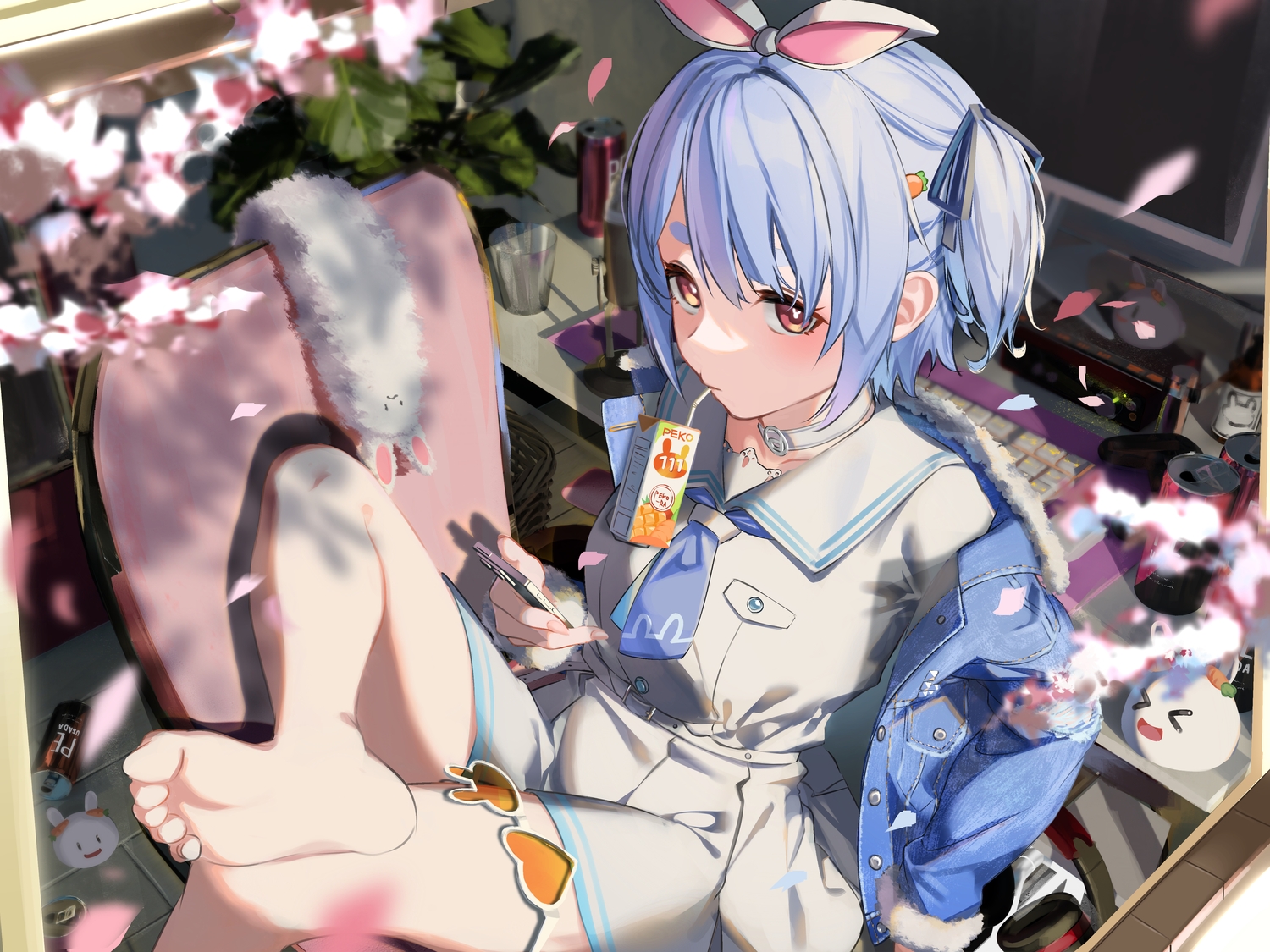 aliasing, barefoot, blue_hair, cherry_blossoms, drink, flowers, headband, hololive, rasa_k, school_uniform, short_hair, skirt, usada_pekora