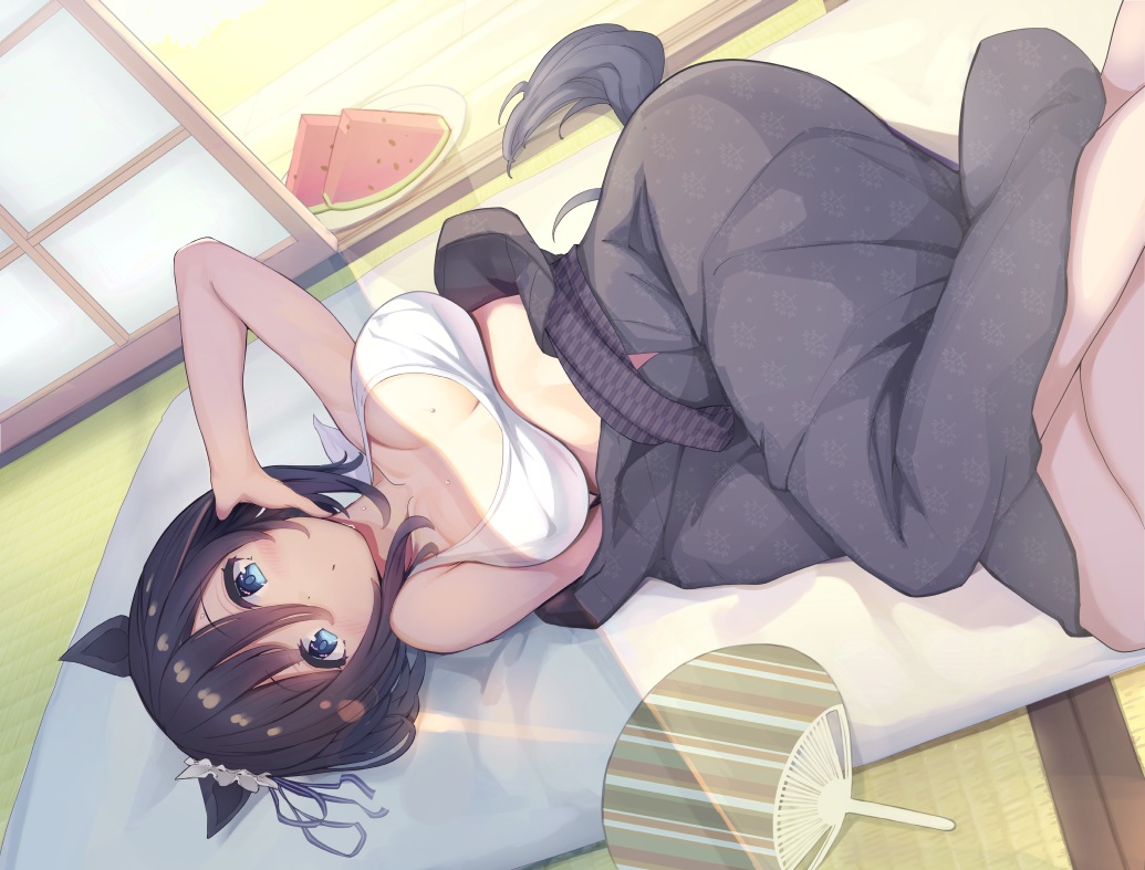 aliasing, animal_ears, anthropomorphism, bikini_top, blue_eyes, eishin_flash_(umamusume), erect_nipples, fan, food, fruit, japanese_clothes, ooshima_kojima, short_hair, tail, uma_musume:_pretty_derby, watermelon, yukata