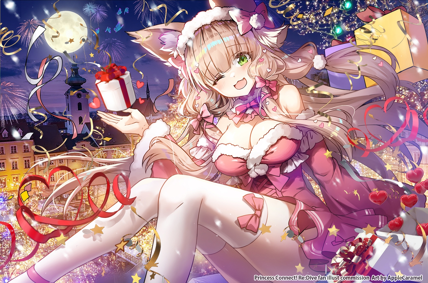 animal_ears, applecaramel_(acaramel), blush, bow, breasts, brown_hair, building, cat_smile
