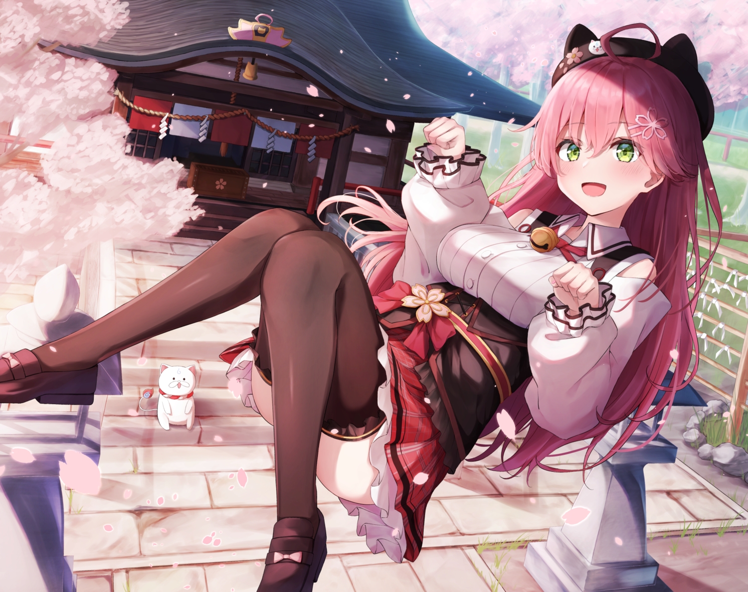 animal, animal_ears, bell, cat, cherry_blossoms, flowers, green_eyes, hat, hololive, pink_hair, sakura_miko, shirt, shishou_(doragyurosu), shrine, skirt, tree
