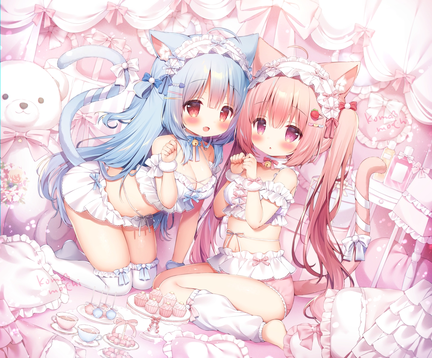 2girls, aliasing, animal_ears, bell, blue_hair, bow, catgirl, drink, food, headband, koma_momozu, long_hair, navel, original, panties, pink_hair, signed, tail, thighhighs, twintails, underwear
