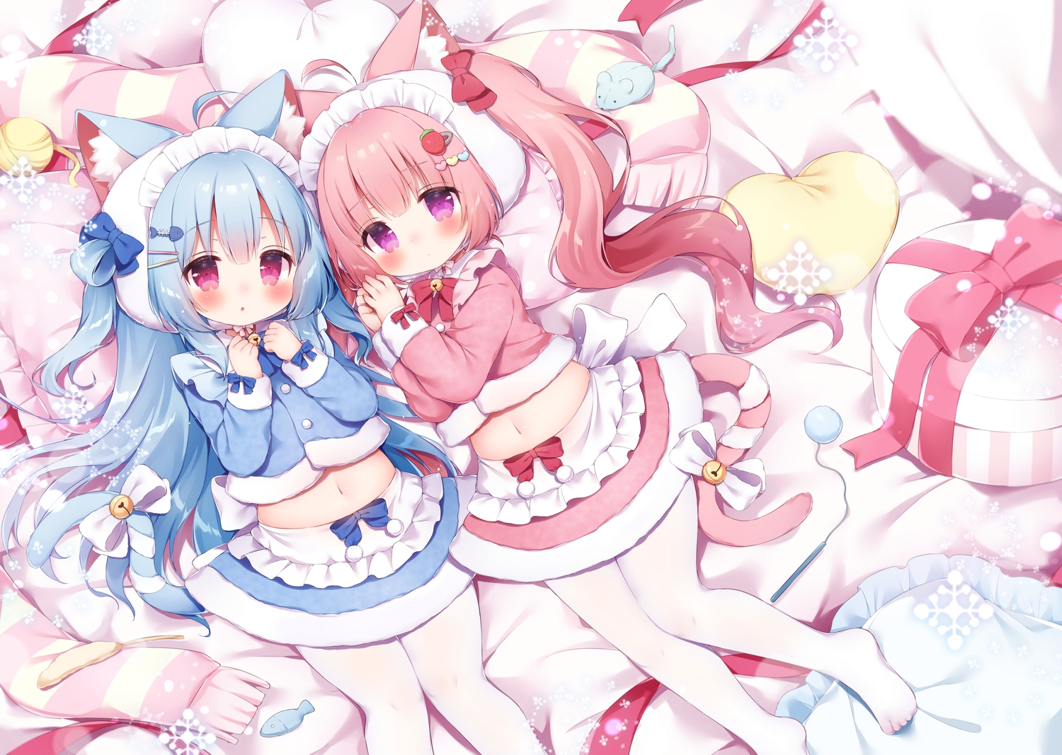 2girls, animal_ears, apron, bell, blue_hair, bow, catgirl, hood