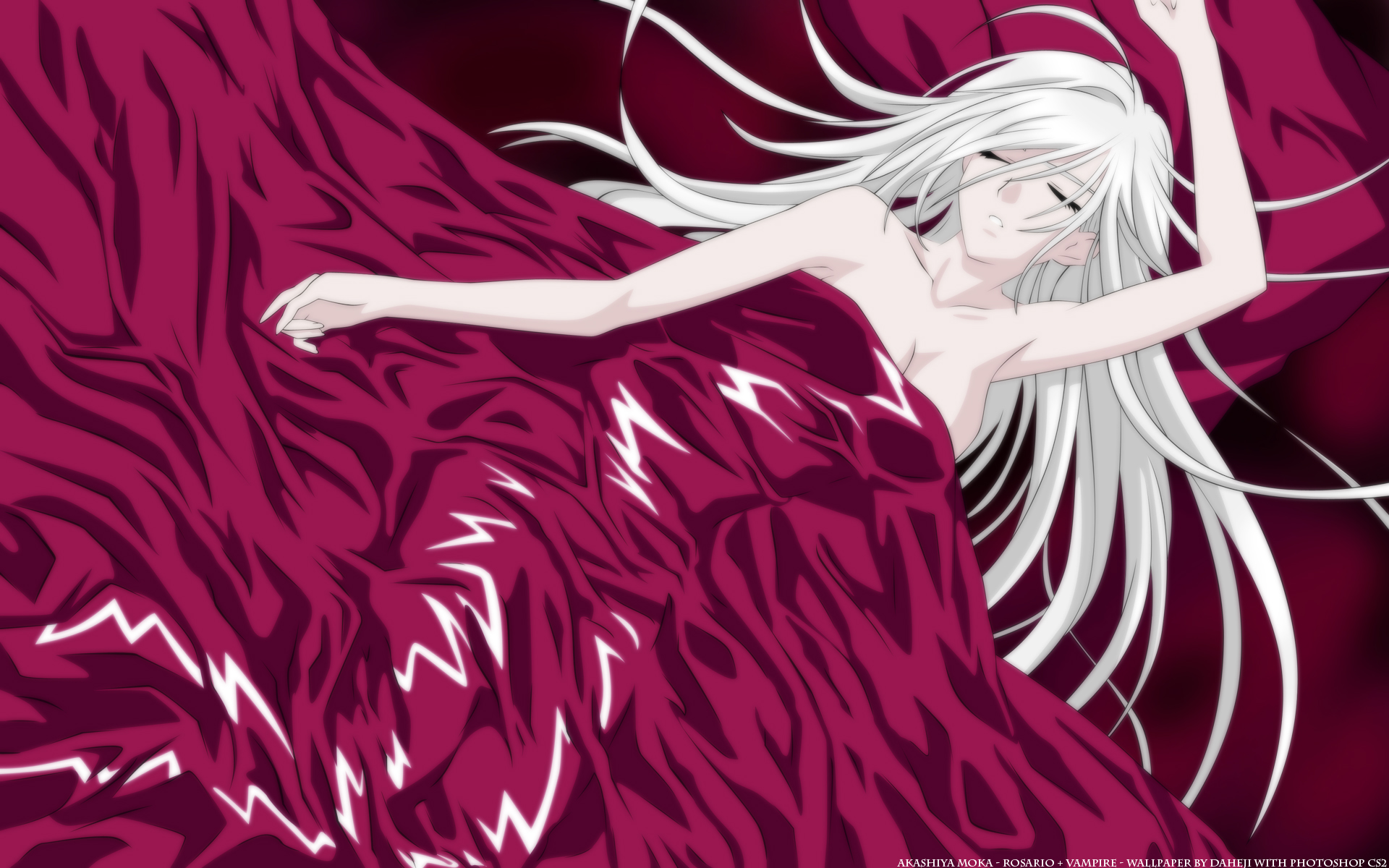 akashiya_moka, bed, breasts, cleavage, long_hair, rosario+vampire, vampire, white_hair