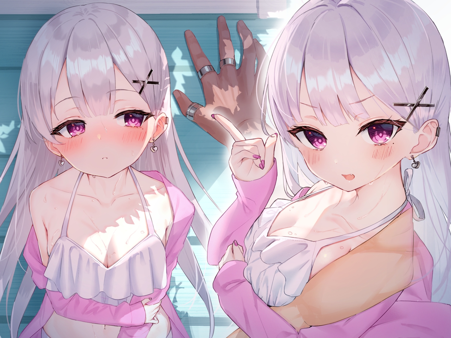 bikini, blush, breasts, cleavage, close, gray_hair, long_hair, navel, original, purple_eyes, shade, swimsuit, tsukiman, wet