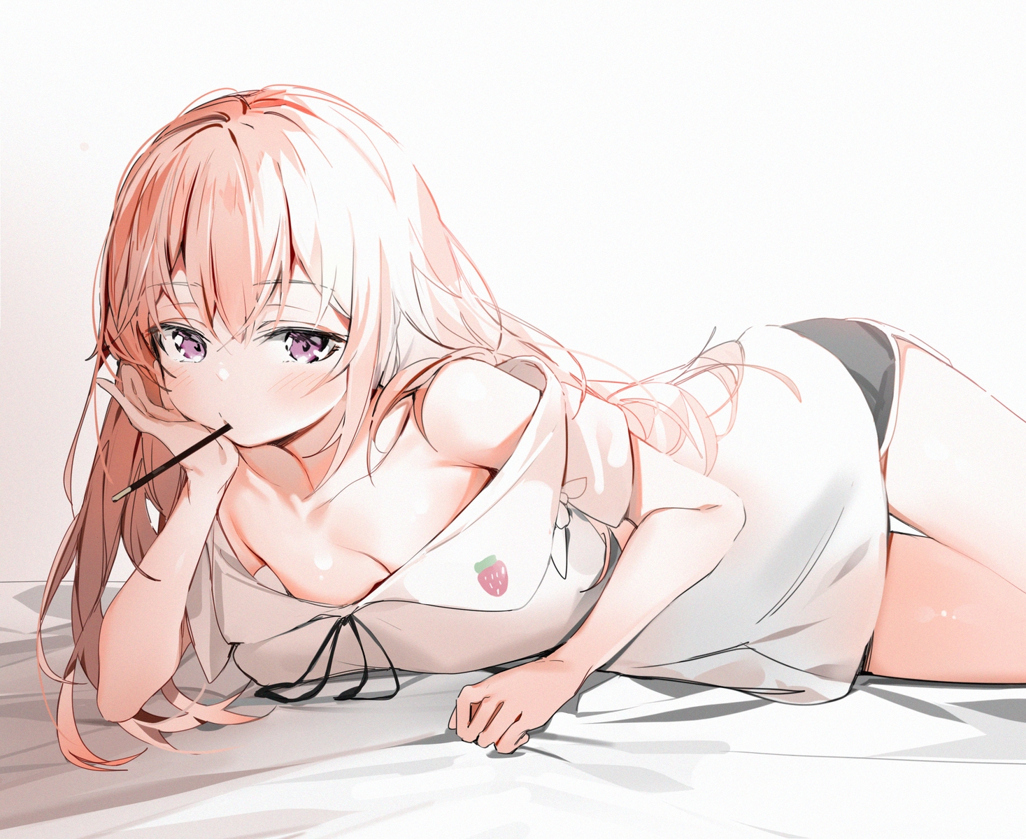 blonde_hair, food, inui_sajuna, long_hair, no_bra, pocky, purple_eyes, shorts, silver_(chenwen), sono_bisque_doll_wa_koi_wo_suru
